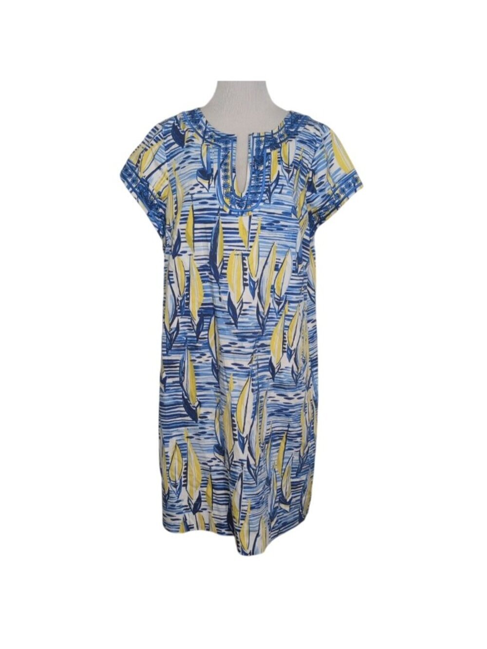 Cappagallo Tori Sailboat Dress Womens Size 14 Blue Stretch Nautical Embroidered